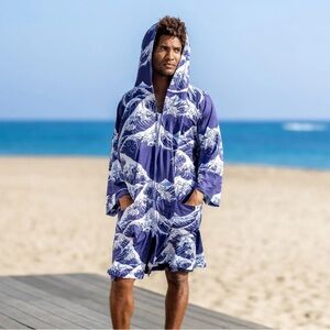 PLOVER Change Anywear Robe Blue Wave One Size Fits Most Zip Front Waist Tie NWOT